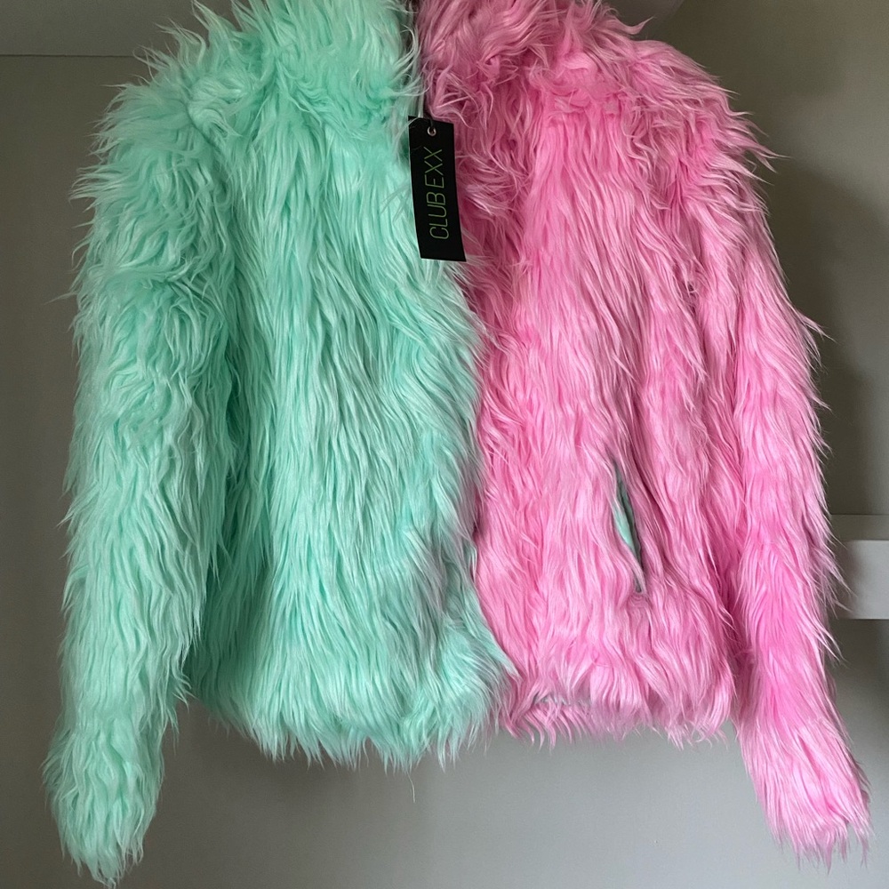 Dolls Kill Clubexx Pink/Green Faux Fur Jacket